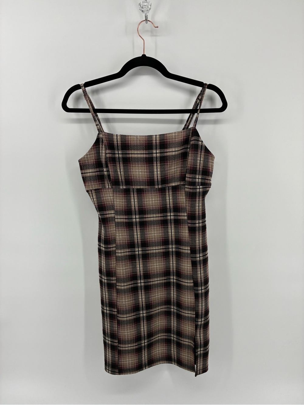 Plaid Spaghetti Strap Dress in Brown and Cream
